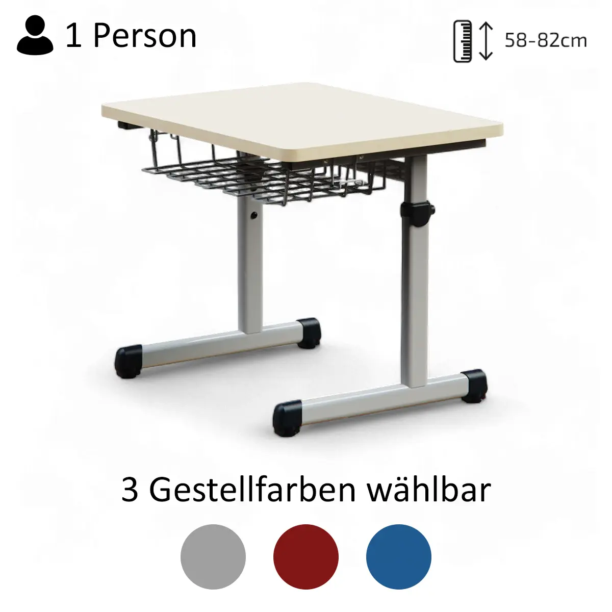 Höhenverstellbarer Schülertisch für eine Person | TÜV-zertifiert EN 1729 - Stufenlos 58-82 cm verstellbar - MDF-Platte 25 mm mit Melaminbeschichtung - ABS-Kantenschutz